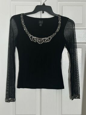 Vintage 90’s INC International Concepts Black Beaded Mesh Sleeve Top
